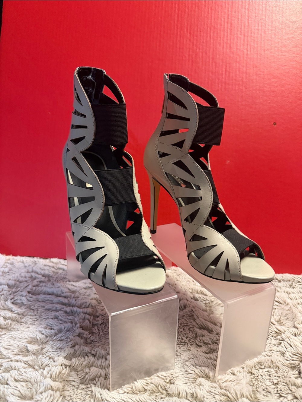 GUESS Aela Gladiator Ivory Laser Cut Stilettos with Elastic Straps